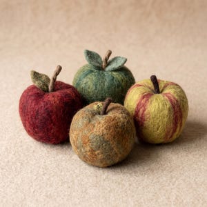 May include: Four needle-felted decorative apples in various colors. One is deep red, one is mottled green, one is a mix of brown and tan, and one is yellow with red stripes. Each apple features a small brown stem and felted green leaves.