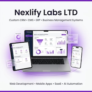 Puede incluir: Una pantalla digital con la marca Nexlify Labs LTD y texto para CRM, CMS, ERP y sistemas de gestión empresarial. Un portátil, una tableta y un teléfono inteligente muestran paneles de software con acentos morados, gráficos y datos.