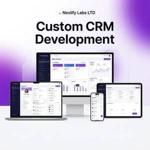 Puede incluir: Una pantalla digital que muestra Nexlify Labs LTD Custom CRM Development con un portátil, un monitor de escritorio, un smartphone y una tableta. Cada dispositivo presenta una interfaz de software con paneles de datos y análisis en morado y blanco.