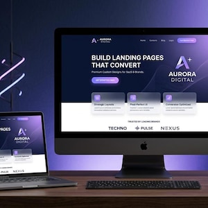 May include: A desktop computer and a laptop displaying the Aurora Digital website with the text Build Landing Pages That Convert, featuring a dark purple gradient background, three translucent information cards, and brand logos.