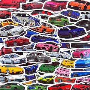 May include: A collection of various sports car stickers featuring diverse models in colours including red, blue, yellow, green, orange, pink, white, and grey. The stickers display different vehicle designs, including coupes and saloons, with some showing racing decals and spoilers.