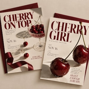 May include: Two rectangular birthday party invitations with dark red text on cream paper. One reads CHERRY ON TOP and AMANDA'S BIRTHDAY PARTY, featuring a glass bowl of cherries and a ribbon. The other reads CHERRY GIRL and features two large cherries.