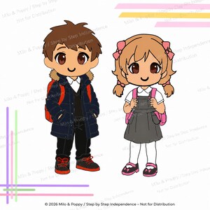 Op de afbeelding: Een digitale illustratie van twee chibi-stijl figuren. Het linkerfiguur heeft bruin haar, een donkerblauwe donsjas met capuchon, een zwarte broek en een rode rugzak. Het rechterfiguur heeft lichtbruin haar met roze strikjes, een grijze jurk en een roze rugzak.