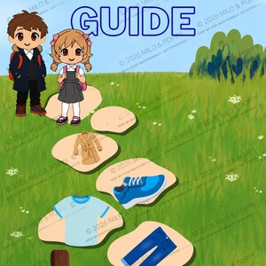 May include: A Milo & Poppy Independent Dressing Toolkit Parent Guide featuring cartoon characters and illustrations of clothing items including a tan coat, blue sneakers, a light blue t-shirt, blue jeans, and white socks with red stripes on a green field.