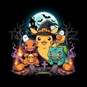 May include: A graphic illustration featuring Pikachu wearing a witch hat, Charmander in a purple cape holding a jack-o'-lantern bucket, and Bulbasaur eating candy. The scene includes ghosts, pumpkins, a haunted house, and a full moon background.