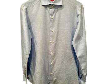 ISAIA Napoli Linen Cotton Dress Shirt 15.5 39 Made in Italy Light Blue Luxury Italian Tailored Button Front Mens Slim Medium