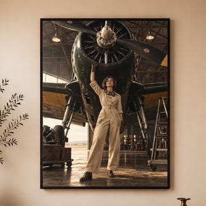 May include: A framed wall art print depicting a person in a beige jumpsuit standing in front of a large dark green vintage propeller airplane inside a hangar. The aircraft features a prominent engine cowling and yellow-tipped propeller blades.