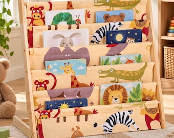 Kids Bookshelf with Canvas Book Display, Colorful Animal Toy Storage Organizer for Bedroom Nursery