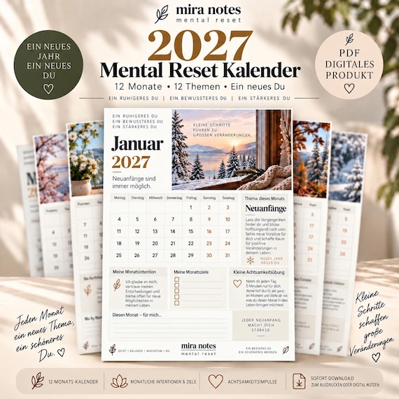 Kalender 2027 zum Ausdrucken | Mental Reset Achtsamkeitskalender | Monatsplaner PDF Deutsch