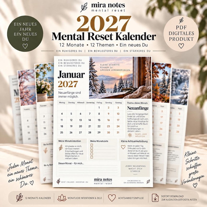 May include: A 2027 Mental Reset Kalender digital PDF planner featuring 12 months and 12 themes. The January page displays a winter landscape, a monthly grid, sections for intentions, goals, and mindfulness exercises with German text throughout.