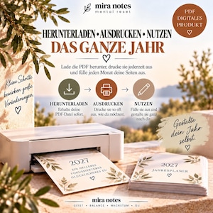 May include: A digital PDF planner product titled 2027 Jahresplaner with a white printer outputting a page featuring botanical leaf illustrations and text. The design includes instructions for downloading, printing, and using the planner pages.