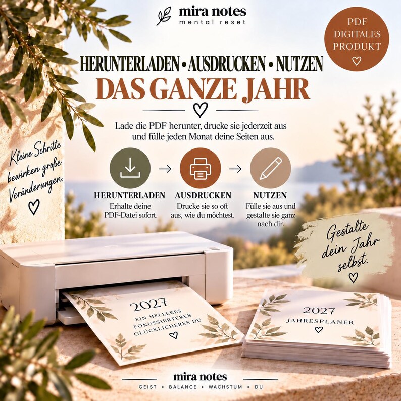 May include: A digital PDF planner product titled 2027 Jahresplaner with a white printer outputting a page featuring botanical leaf illustrations and text. The design includes instructions for downloading, printing, and using the planner pages.