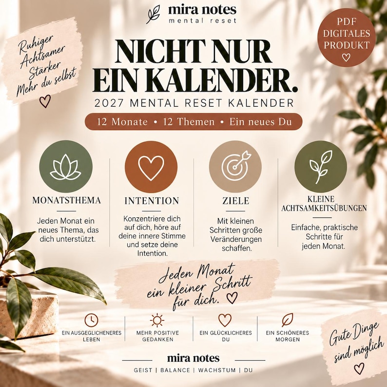 May include: A digital 2027 mental reset calendar by Mira Notes featuring 12 months and 12 themes. The graphic includes text in German, icons for intention and goals, and sections for mindfulness exercises, all presented in a neutral color palette.