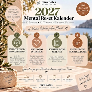 May include: A 2027 Mental Reset Kalender digital product guide featuring four numbered steps for monthly planning. The design uses a neutral color palette with olive green and terracotta accents, displaying text in German about mindfulness, goal setting, and personal growth.