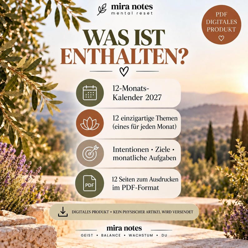 May include: A digital product information graphic titled WAS IST ENTHALTEN? featuring a list of contents: a 12-month 2027 calendar, 12 monthly themes, sections for intentions, goals, and tasks, and 12 printable PDF pages. The brand is mira notes.