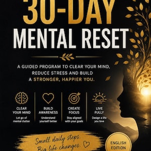 Pode incluir: Uma capa de livro preta intitulada 30-DAY MENTAL RESET com texto dourado. Apresenta a silhueta de uma cabeça com uma árvore brilhante, quatro ícones para mente, consciência, foco e vida, e o texto Small daily steps. Big life changes.