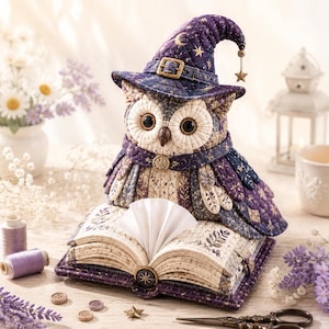 Könnte beinhalten: Eine Eulenfigur aus gestepptem Stoff mit einem violetten, sternenbedruckten Zaubererhut und einem hängenden Sternanhänger. Die Eule sitzt auf einem offenen, gesteppten Buch mit weißen Seiten. Das Design zeigt feine Nähte, florale Muster und Violetttöne.