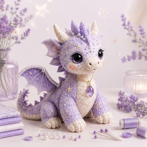 Lavender Purple Patchwork Dragon DIY Sewing Kit, Cottagecore Felt Dragon Craft Template