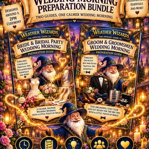 May include: A wedding preparation bundle featuring two guides titled The Complete Wedding Morning Preparation Bundle by Weather Wizards. The covers display a wizard, wedding attire, and text detailing checklists, timelines, and tips.