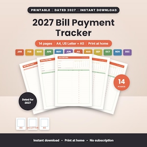 Könnte beinhalten: Ein druckbares 2027 Rechnungs-Zahlungstracker-Dokumentenset mit 14 Seiten in den Formaten A4, US Letter und A5. Das Design umfasst monatliche Reiter von Januar bis Dezember, eine Kopfzeile mit dem Titel und ein Layout zur Finanzverfolgung.