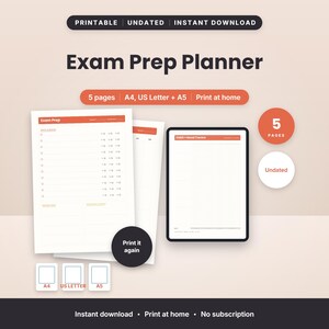 Könnte beinhalten: Ein digitales Prüfungsplaner-Set mit fünf Seiten in den Formaten A4, US Letter und A5. Das Design umfasst weiße Blätter mit orangefarbenen Kopfzeilen, ein Tablet mit einem Lern-Tracker sowie kreisförmige Abzeichen für 5 Seiten und undatiert.