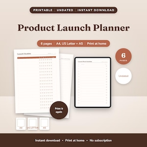 Op de afbeelding: Een digitale productlanceringplanner met zes pagina's in A4, US Letter en A5-formaten. De set bevat een checklist en een weekschema. Het ontwerp heeft bruine tekst en accenten op een lichte achtergrond met de tekst Product Launch Planner.