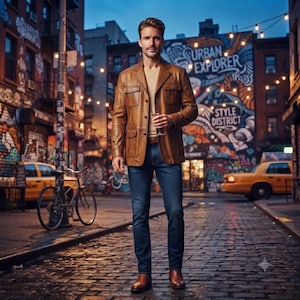 May include: A tan leather jacket with four front pockets and a button-down front, worn over a beige shirt with dark blue denim jeans and brown leather shoes. The jacket features a structured collar and long sleeves, providing a classic look.