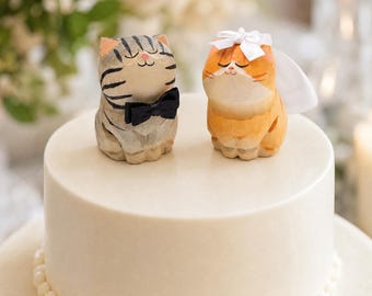 Decorazione personalizzata per torta nuziale a forma di gatto, statuetta in legno intagliata a mano raffigurante una coppia di gatti sposi con velo, graziosa decorazione per torta nuziale con animali domestici, regalo unico