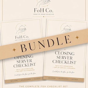 May include: A digital bundle of restaurant checklists featuring the FoH Co. logo with a hand holding a serving cloche. The documents are titled Opening Server Checklist and Closing Server Checklist, with the text "BUNDLE" across the center.