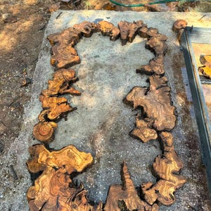 May include: A collection of irregular, natural-edged olive wood slabs arranged in a rectangular frame shape. The wood pieces display prominent, swirling dark brown grain patterns against a golden-brown background, showcasing raw bark edges.