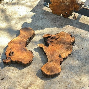 May include: Two irregular, flat slices of natural wood with prominent, swirling grain patterns in shades of golden brown and dark amber. The pieces feature rough, dark bark edges and organic, non-uniform shapes with visible knots and textured surfaces.