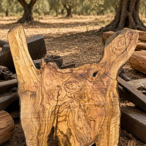 May include: A natural-edged olive wood slab featuring a prominent, swirling grain pattern in shades of light tan, golden yellow, and deep brown. The piece has an irregular, organic shape with visible knots and dark, textured bark along the edges.
