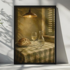 May include: A framed wall art print depicting a still life scene on a green and white checkered tablecloth. A loaf of bread on a plate, a wine glass, a glass carafe, and a small water glass are illuminated by a hanging pendant light near a window.