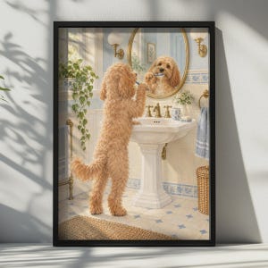 Cockapoo väggkonst, humoristisk badrumsaffisch - illustrerad valp vid handfatet, kakeldekor i stugan, present till hundälskare