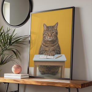 Puede incluir: Una impresión artística enmarcada que muestra un gato atigrado marrón sentado en un escritorio azul claro. El gato tiene sus patas apoyadas sobre un cuaderno abierto con un lápiz al lado. El fondo es de un color amarillo mostaza sólido.
