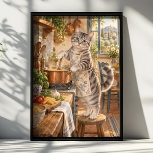 Cat Kitchen Poster, Whimsical Tabby Chef Illustration, Tuscan Pasta Scene, Copper Pan Details, Gift For Feline Fans