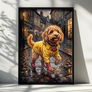 Cockapoo In Yellow Raincoat And Wellies Print, Funny Dog Poster, Quirky Hallway Decor