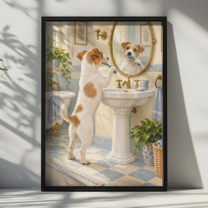 Puede incluir: Una impresión de arte mural enmarcada que representa a un Jack Russell Terrier blanco y marrón de pie sobre sus patas traseras en un baño, cepillándose los dientes frente a un espejo ovalado. El baño cuenta con un lavabo de pedestal y una bañera.