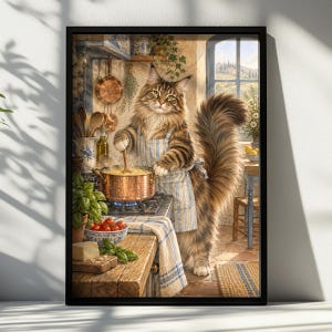 May include: A framed wall art print depicting a fluffy brown tabby cat wearing a blue and white striped apron, standing in a rustic kitchen. The cat stirs a copper pot on a stove, surrounded by fresh basil, cherry tomatoes, and kitchen tools.