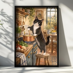 Tuxedo Cat Poster, Illustrated Pasta Chef Print, Italian Kitchen Wall Art, Whimsical Tuscan Scene, Copper Pot
