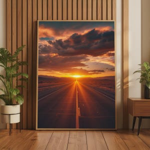 Op de afbeelding: Een ingelijste wandkunstprint met een lange, rechte asfaltweg die naar een levendige zonsondergang aan de horizon leidt. De lucht is gevuld met dramatische oranje, gouden en donkere wolken, terwijl de weg het intense licht van de zon reflecteert.