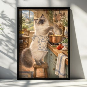 Ragdoll Cat Poster, Tuscan Pasta Chef Illustration, Whimsical Rustic Kitchen Decor, Pet Lover Gift