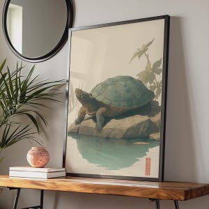 Väggkonst med sköldpadda i vintagestil, sköldpaddstryck i japansk stil, naturdekor, vattenreflektioner