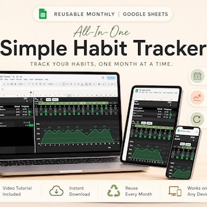 May include: A digital habit tracker template for Google Sheets displayed on a laptop, tablet, and smartphone. The interface features a dark theme with green progress charts and habit lists. Text includes "All-In-One Simple Habit Tracker" and "Reusable Monthly".