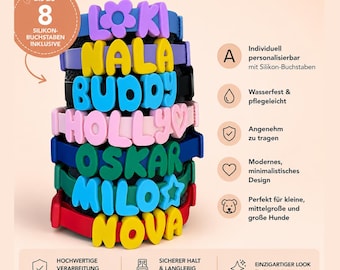 May include: A stack of colorful pet collars featuring customizable silicone letters and symbols. The collars are displayed in various colors including blue, black, pink, green, and red, with names like LOKI, NALA, BUDDY, HOLLY, OSKAR, MILO, and NOVA attached.