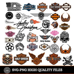 May include: A collection of various Harley-Davidson logos and graphic designs in black, white, and orange. The images include skulls, wings, eagles, shields, and stylized text. The bottom banner displays the text SVG-PNG HIGH QUALITY FILES.