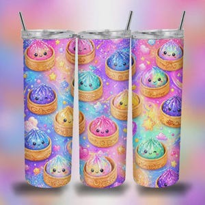 May include: Three cylindrical tumblers with lids and straws, featuring a repeating pattern of cute, smiling dumplings in bamboo steamers against a vibrant, swirling galaxy background of pink, purple, blue, and yellow with small stars and hearts.