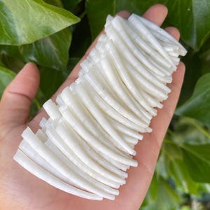 May include: A collection of numerous small, slender, white, curved, and tapered cylindrical pieces with a smooth, glossy finish. These individual white components are arranged in a dense, parallel stack, showcasing their uniform shape and bright white color.