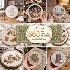 May include: A digital graphic featuring the text Luxury 860 Hand Embroidery Art Bundle A Portfolio of 860 Premium Patterns, surrounded by various circular embroidery hoops displaying designs of a rabbit, raccoons, a cat, a ghost, a mouse, a door, and a bear.