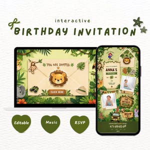 May include: An interactive digital birthday invitation displayed on a laptop and smartphone screen. The design features a jungle theme with a lion, monkey, and elephant. Text includes "YOU ARE INVITED," "CLICK HERE," "ANNA'S," "THE DETAILS," and "RSVP."